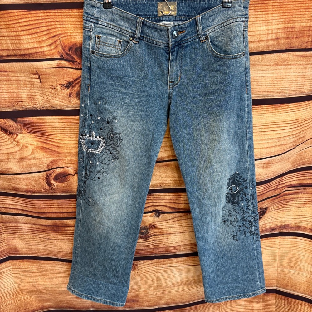 Z Cavaricci Juniors Y2K Mid Rise Straight Leg Med Wash Jeweled Jeans Sz 11 - Picture 1 of 11